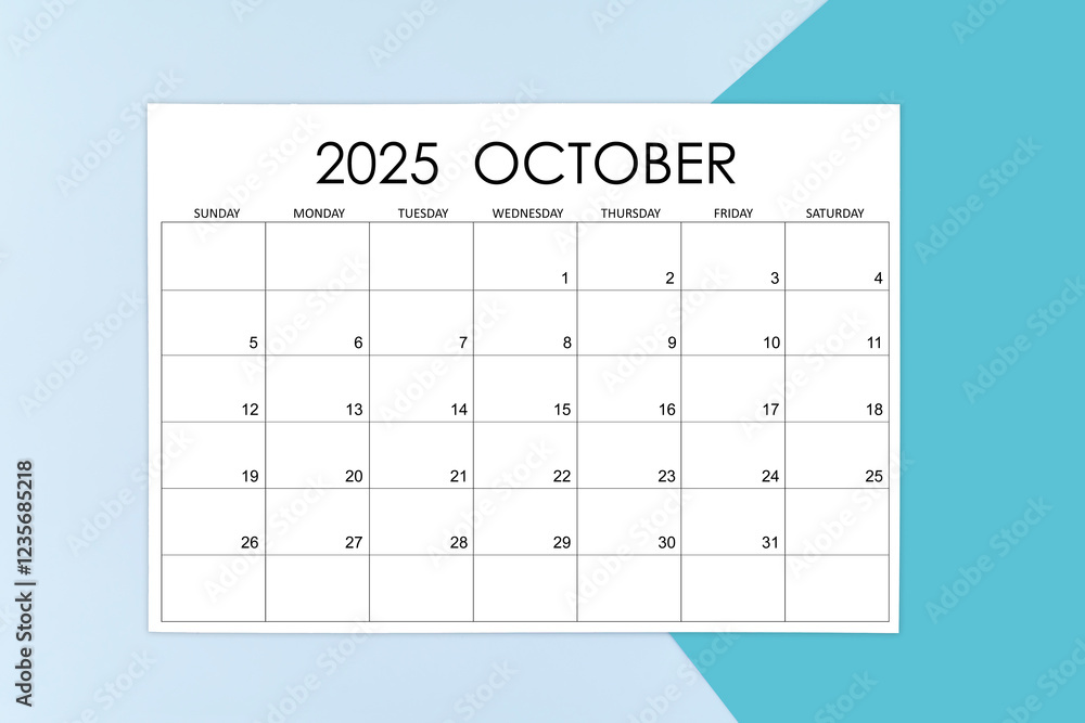 October calendar card for 2025 year on blue background.