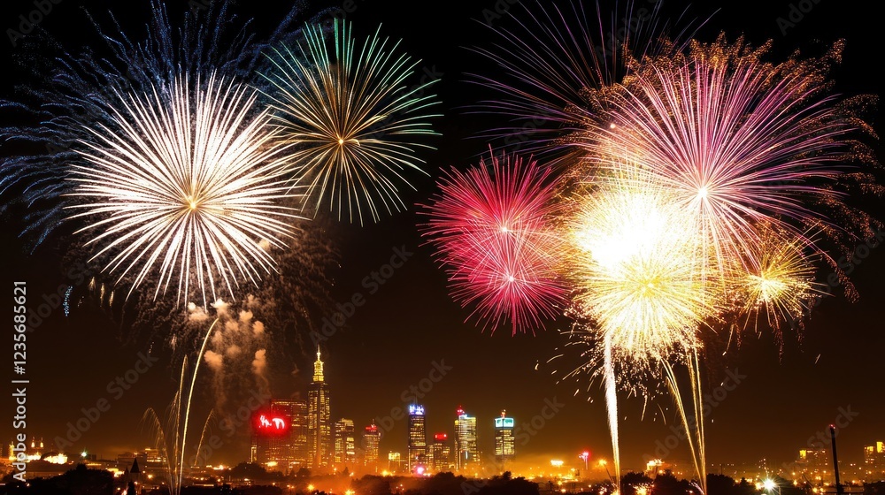 Fireworks Display Over Cityscape Fireworks Display Over Cityscape
