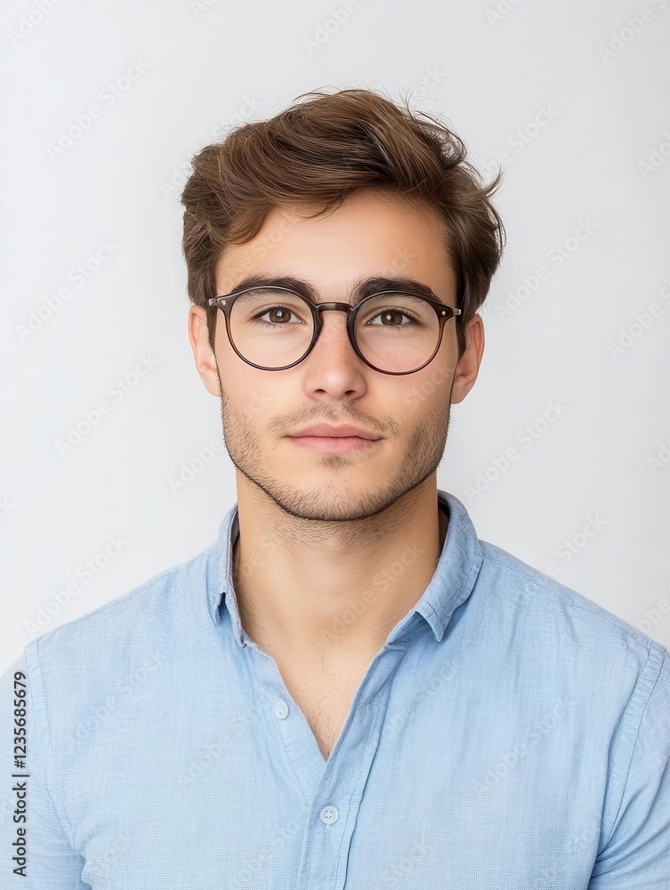 Portrait of a Confident Young Man in Blue Shirt and Glasses on Clean White Background for Corporate Branding Portrait of a Confident Young Man in Blue Shirt and Glasses on Clean White Background for Corporate Branding