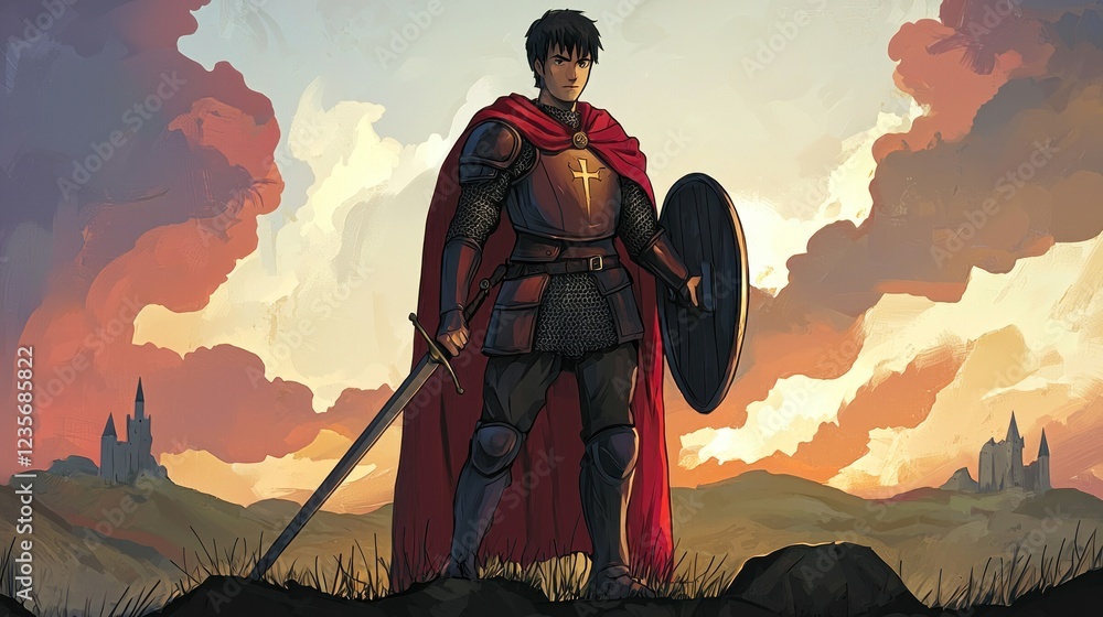 Young knight, sword, shield, sunset, medieval landscape, game illustration