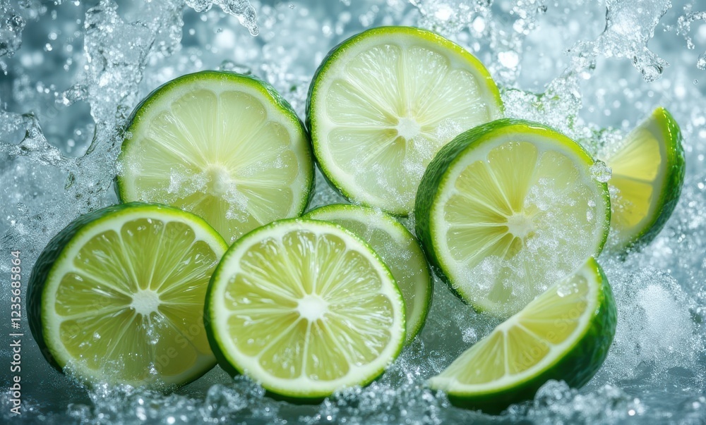 Fresh lime slices with splashes of water Fresh lime slices with splashes of water