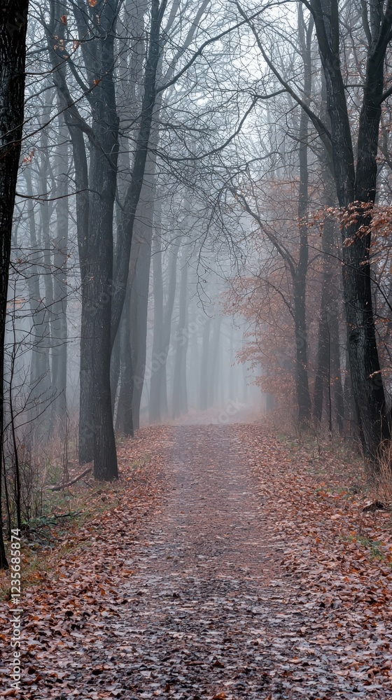 Naklejka premium Misty Forest Pathway with Leafy Ground in Autumn Season