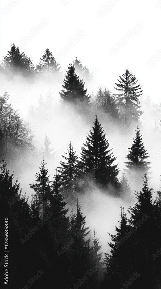 Fototapeta premium Misty Forest Landscape with Tall Trees and Soft Fog in Black and White