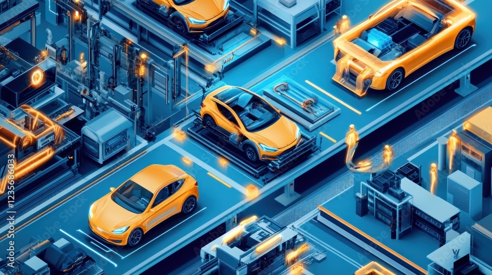 A futuristic automotive assembly line featuring orange cars and robotic machinery. A futuristic automotive assembly line featuring orange cars and robotic machinery.