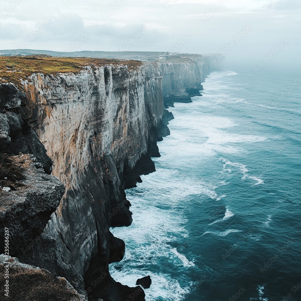 Obraz premium Dramatic coastal cliffs meet turbulent ocean waves under a cloudy sky.