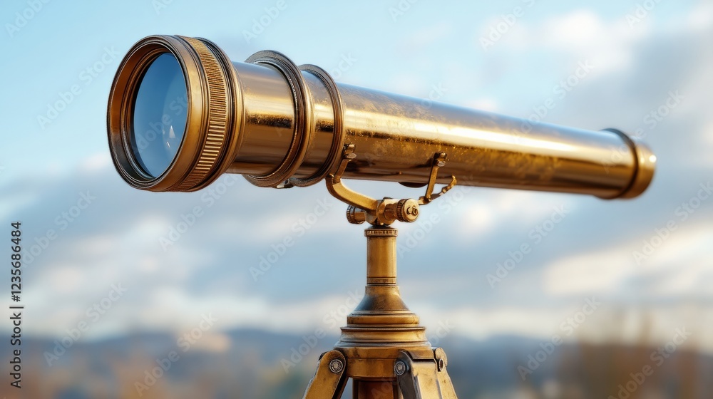 A lightweight portable telescope with a shiny finish, light beige background 