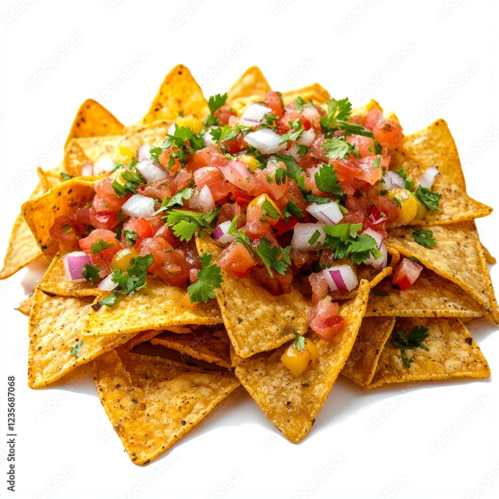 Colorful Nachos Topped with Fresh Salsa and Chopped Herbs Ready for a Delicious Snack Experience Colorful Nachos Topped with Fresh Salsa and Chopped Herbs Ready for a Delicious Snack Experience