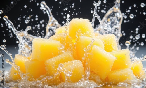 Splashing cubes of fresh mango photo