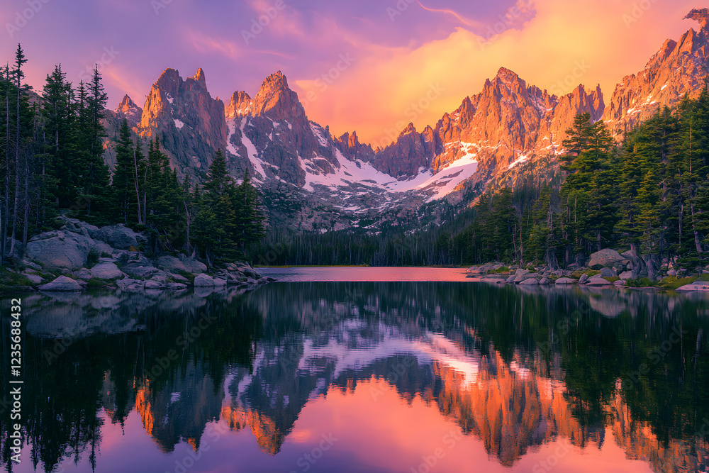 Fototapeta premium Serene Mountainous Sunrise Reflecting Off Tranquil Lake with Pine Trees and Snow-Capped Peaks
