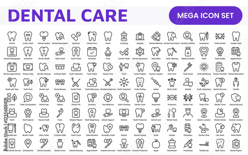 Dental Icon Set. A comprehensive collection of vibrant and professional icons for dental practices, perfect for patient communication to promote oral health awareness.