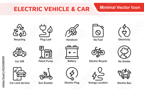 Electric Vehicle and Car Icon Set. A modern collection of icons showcasing electric transportation, perfect for enhancing automotive apps, websites, and sustainability initiatives.