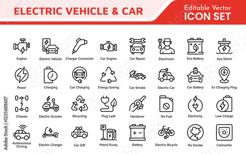 Electric Vehicle and Car Icon Set. A modern collection of icons showcasing electric transportation, perfect for enhancing automotive apps, websites, and sustainability initiatives.