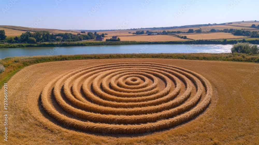 Spiral Crop Circle, Lake, Rural Field, Summer Spiral Crop Circle, Lake, Rural Field, Summer