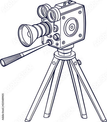 A silhouette of a vintage film camera on a tripod.