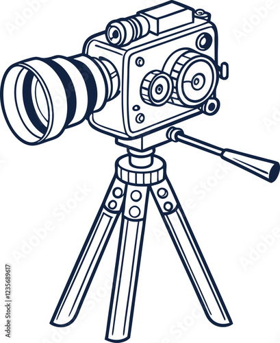A silhouette of a vintage film camera on a tripod.