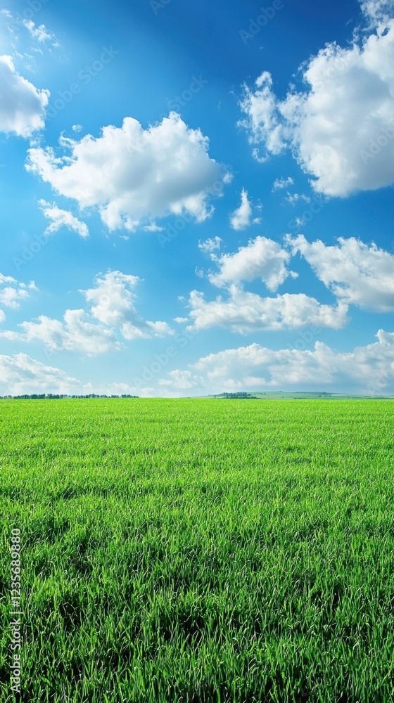 Lush Green Field Under Bright Blue Sky with Fluffy White Clouds Lush Green Field Under Bright Blue Sky with Fluffy White Clouds