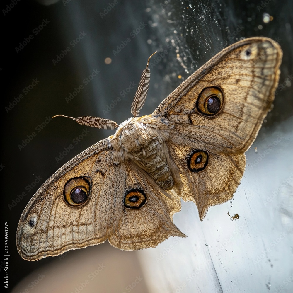 Fototapeta premium Close-up of a large brown moth with prominent eye spots on its wings, perched on a translucent surface.