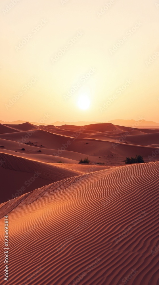 Naklejka premium Serene Sunset Over Golden Sand Dunes in a Tranquil Desert Landscape