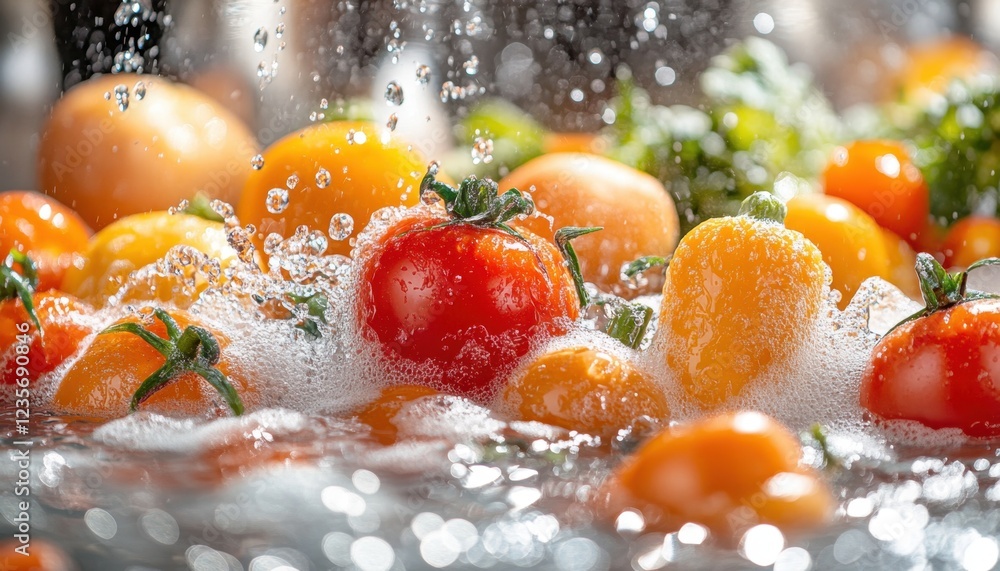 A close-up of vibrant, fresh vegetables being washed under running water, showcasing the glistening, colorful bounty of nature's goodness These organically grown, farm-fresh tomatoes and other A close-up of vibrant, fresh vegetables being washed under running water, showcasing the glistening, colorful bounty of nature's goodness These organically grown, farm-fresh tomatoes and other