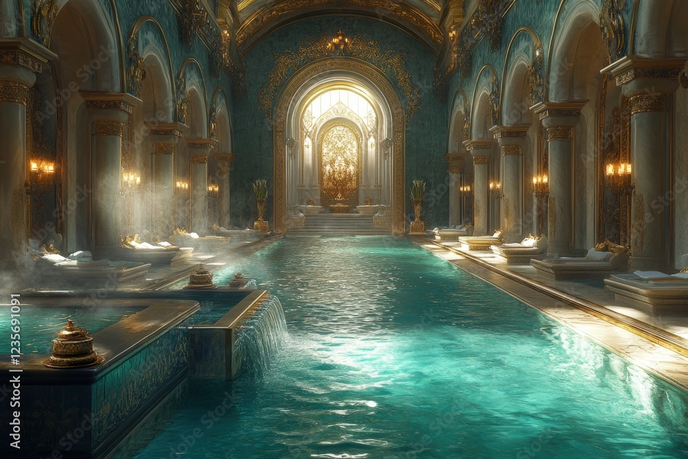 Luxurious indoor pool in ornate palace; sunlight streams through arched windows; background shows opulent architecture; ideal for fantasy, luxury, or spa themes. Luxurious indoor pool in ornate palace; sunlight streams through arched windows; background shows opulent architecture; ideal for fantasy, luxury, or spa themes.