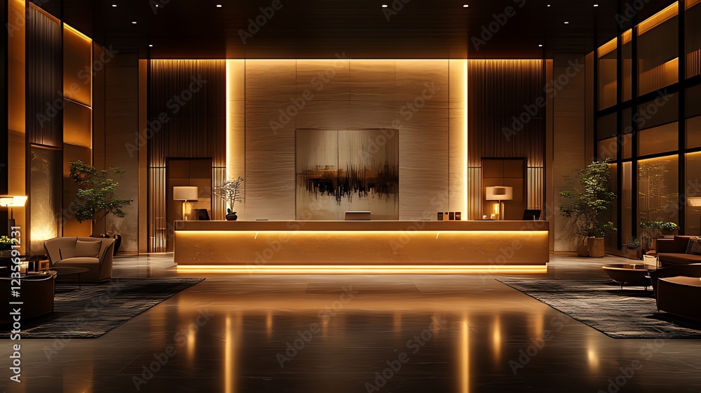 custom made wallpaper toronto digitalLuxurious hotel lobby reception at night, warm lighting, city view