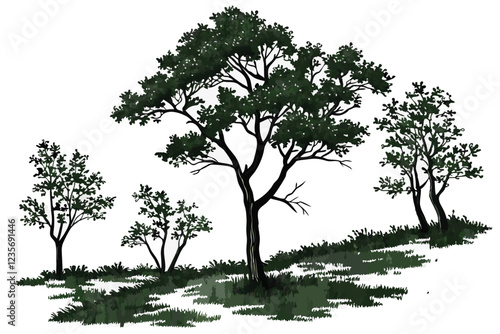  A photograph of a miniature landscape featuring a row of small, detailed trees with lush green foliage, set against a white background. The trees are evenly spaced and vary in height, with some talle