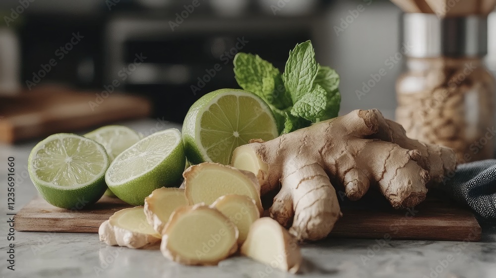 Fresh ginger root and slices with lime wedges and mint leaves, arranged beautifully in a kitchen setting, perfect for culinary and wellness-themed photography Fresh ginger root and slices with lime wedges and mint leaves, arranged beautifully in a kitchen setting, perfect for culinary and wellness-themed photography