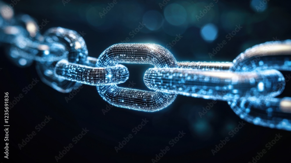 Futuristic digital chain link glowing against a dark background, symbolizing connectivity and blockchain technology Futuristic digital chain link glowing against a dark background, symbolizing connectivity and blockchain technology