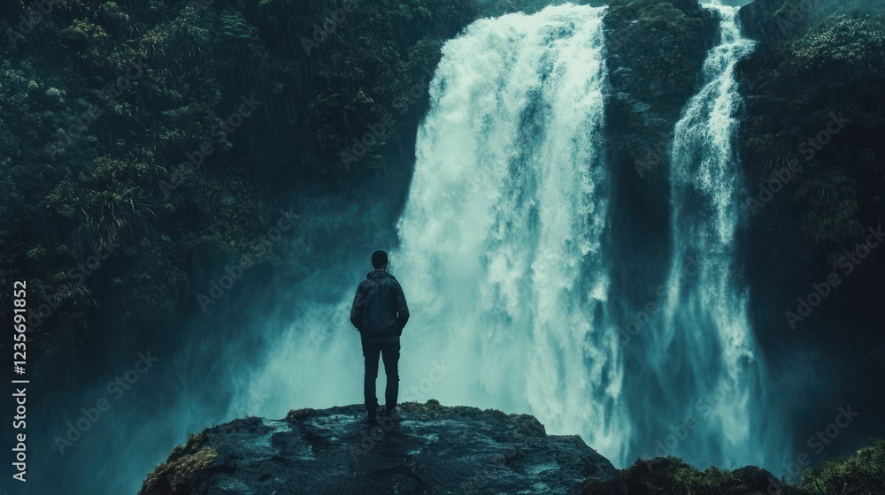 Fototapeta premium Man contemplates majestic waterfall, lush jungle backdrop; travel brochure