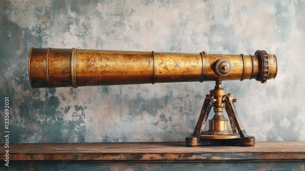 Obraz premium A rustic brass telescope with textured details, soft gray gradient background