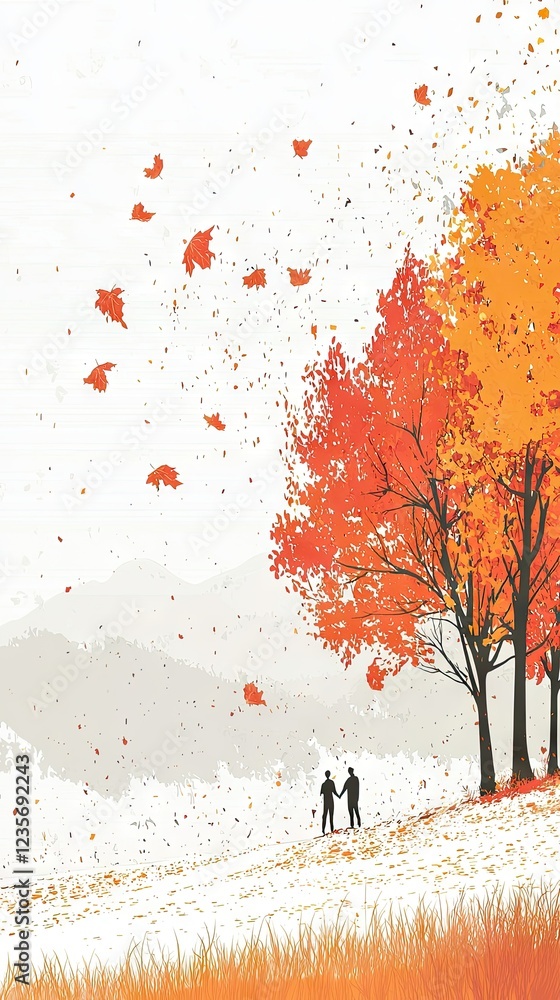 Couple watching autumn leaves fall on a hill Couple watching autumn leaves fall on a hill