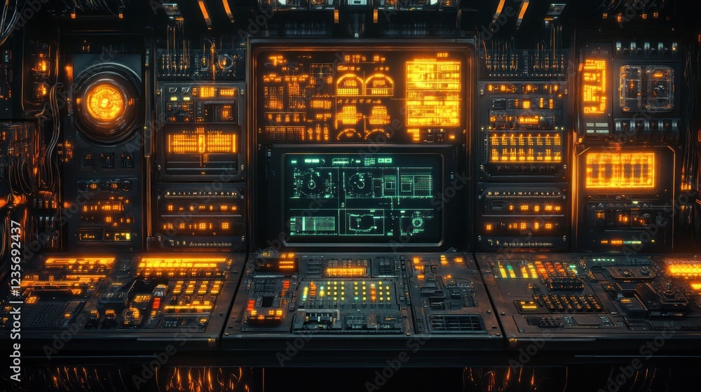 A futuristic control panel filled with glowing buttons and screens, suggesting advanced technology. A futuristic control panel filled with glowing buttons and screens, suggesting advanced technology.