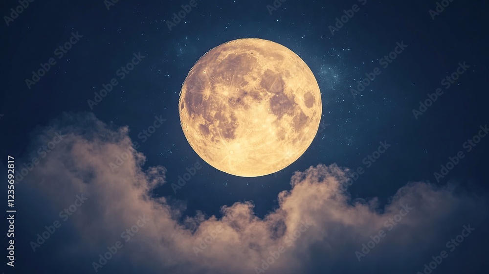 Fototapeta premium Full moon rising above clouds, night sky, stars, romantic backdrop