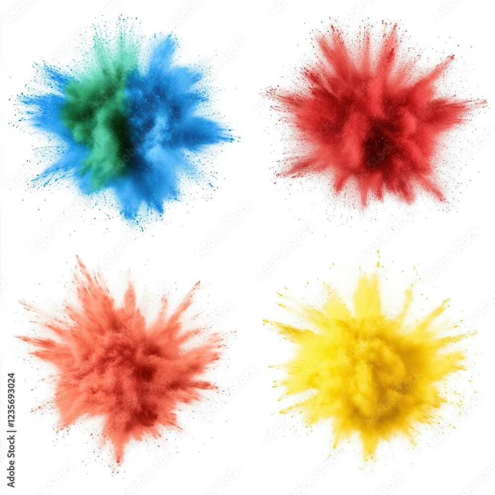 Set of Abstract Colored Powder Explosions Isolated on White Background for Bold Design Projects Set of Abstract Colored Powder Explosions Isolated on White Background for Bold Design Projects