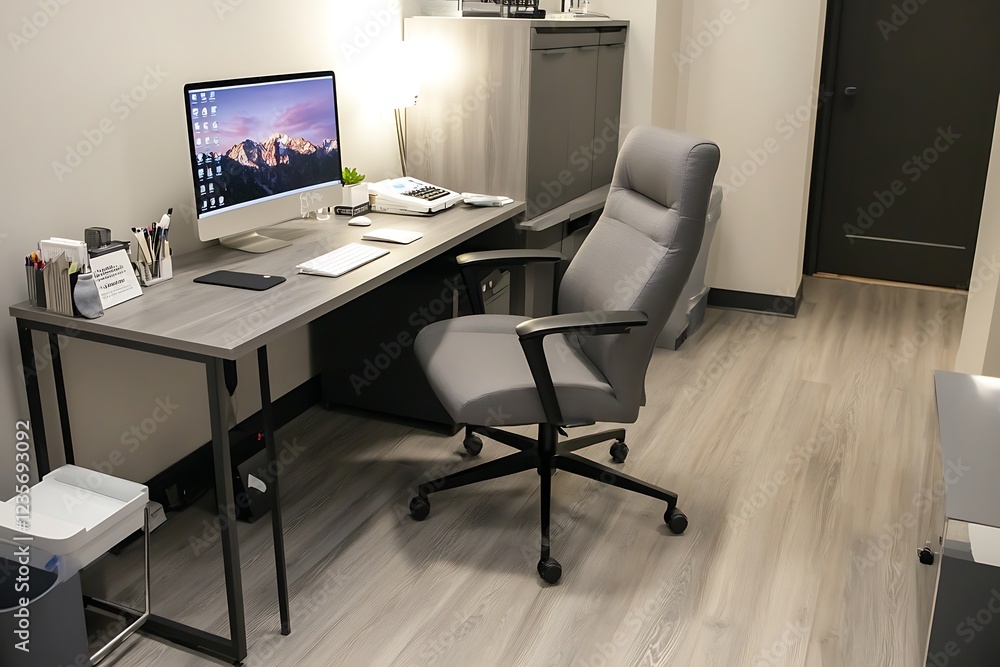 Modern Minimalist Office Workspace with Grey Desk and Ergonomic Chair Modern Minimalist Office Workspace with Grey Desk and Ergonomic Chair