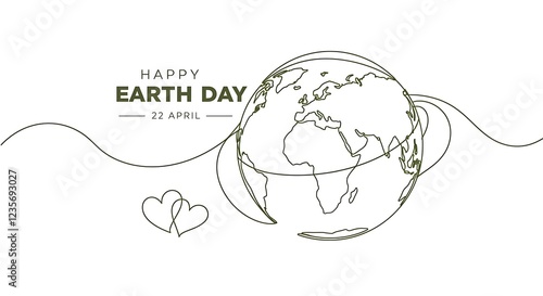 Fototapeta Naklejka Na Ścianę i Meble -  Happy earth day banner by green continuous single line drawing heart embrace and world map isolated on white background for banner in concept environment, ecology, eco friendly