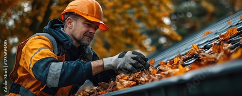 Autumn Gutter Cleaning Expert Fall Cleanup Specialist Maintaining Gutters, Wearing Safety Gloves and Protective Gear Ensuring efficient drainage and preventing costly home damage with professional