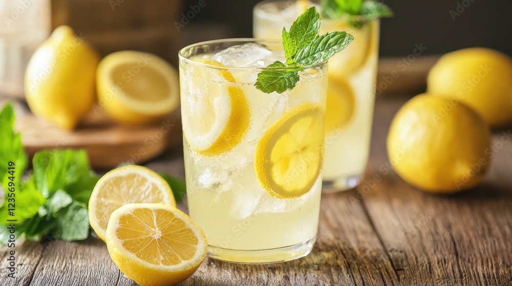 Refreshing Lemonade Drink with Mint and Fresh Lemons on Table Refreshing Lemonade Drink with Mint and Fresh Lemons on Table