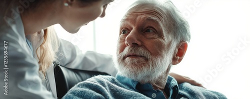 Compassionate Caregiver Assisting Elderly Man in Wheelchair Warm Home Healthcare Environment, Providing Personalized Support and Comfort Ensuring Dignity and Well-being in Senior Care Professional