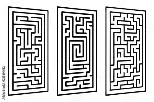 A digital artwork featuring three black and white maze designs arranged in a row. The mazes are intricate and complex, with multiple paths and dead ends. The mazes are symmetrical and have a grid-like