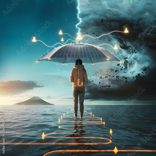 Prepared for uncertain times natural disasters umbrella solar panels lighted path knowledge illustration concept