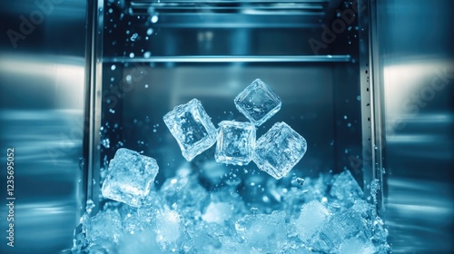 The interior of an ice machine as it ejects fresh ice cubes, with a focus on precision engineering and a sleek, modern design