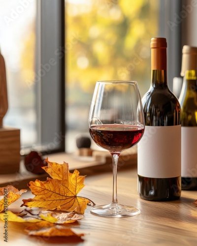 A cozy autumn scene featuring a glass of red wine, a few wine bottles, and colorful fall leaves on a wooden table with sunlight filtering through a window.