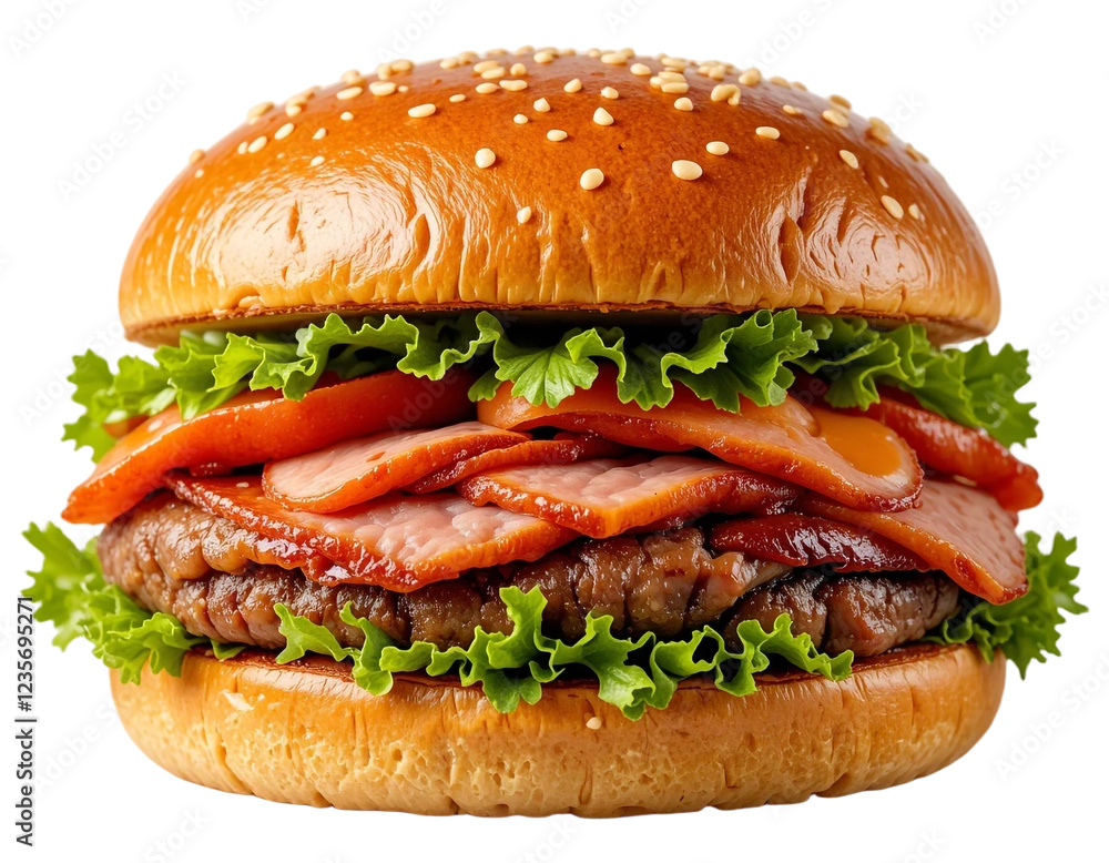 Tasty Hamburger with Cheese, Beef, Lattos, Onion, and Tomato Isolated on Transparent PNG Background. Tasty Hamburger with Cheese, Beef, Lattos, Onion, and Tomato Isolated on Transparent PNG Background.