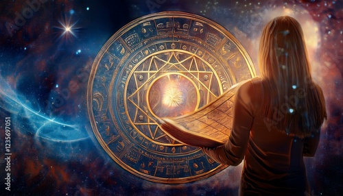 宇宙の時空を表すスピリチュアルな空間とアカシックレコードの書物を持つ女性の後ろ姿のシルエットのイラスト。aiで生成