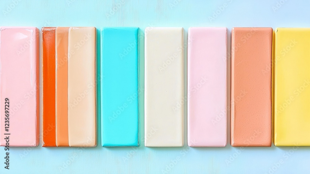 Colorful Pastel Chocolate Bars on a Light Blue Surface Colorful Pastel Chocolate Bars on a Light Blue Surface