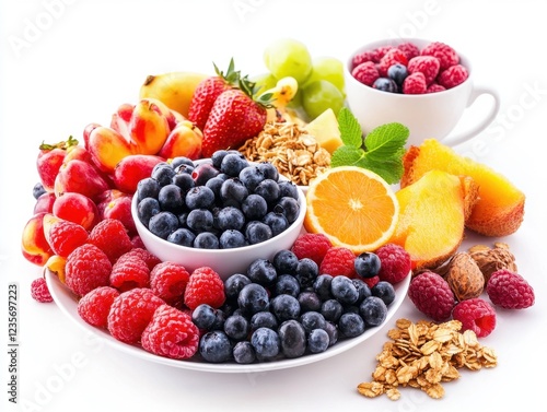 Delightful morning A cozy breakfast nook with a fresh fruit platter featuring juicy strawberries, blueberries, raspberries, and peaches, complemented by homemade granola and a vibrant orange slice photo