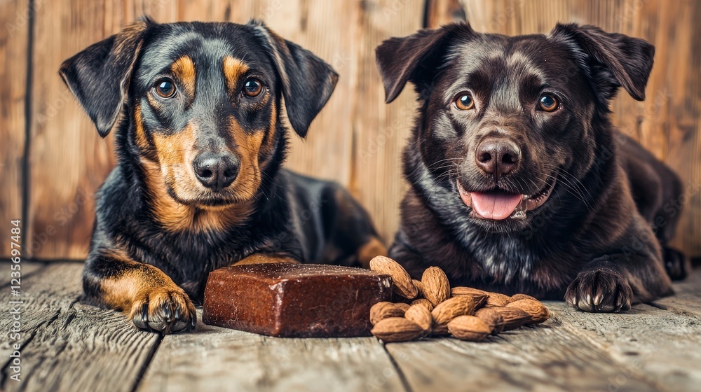 Two Friendly Dogs with Treats on Rustic Wood Background Two Friendly Dogs with Treats on Rustic Wood Background