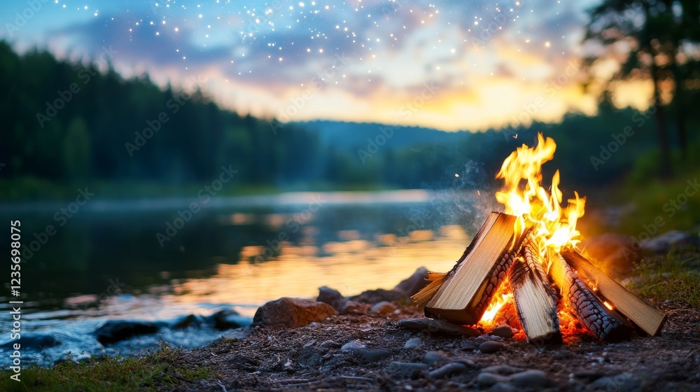 Naklejka premium Campfire burning books by tranquil river at sunset, magical forest background, ideal for adventure travel marketing