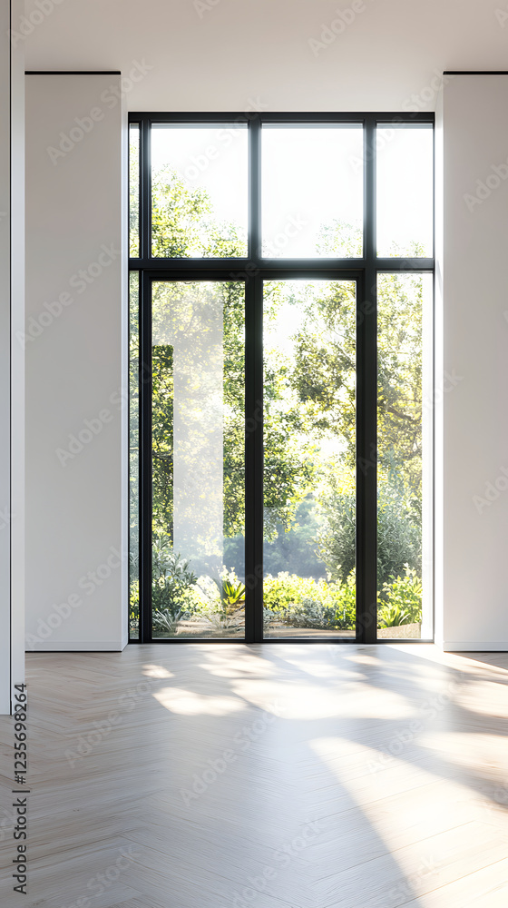Fototapeta premium Modern Interior with Black-Framed Window and Herringbone Flooring